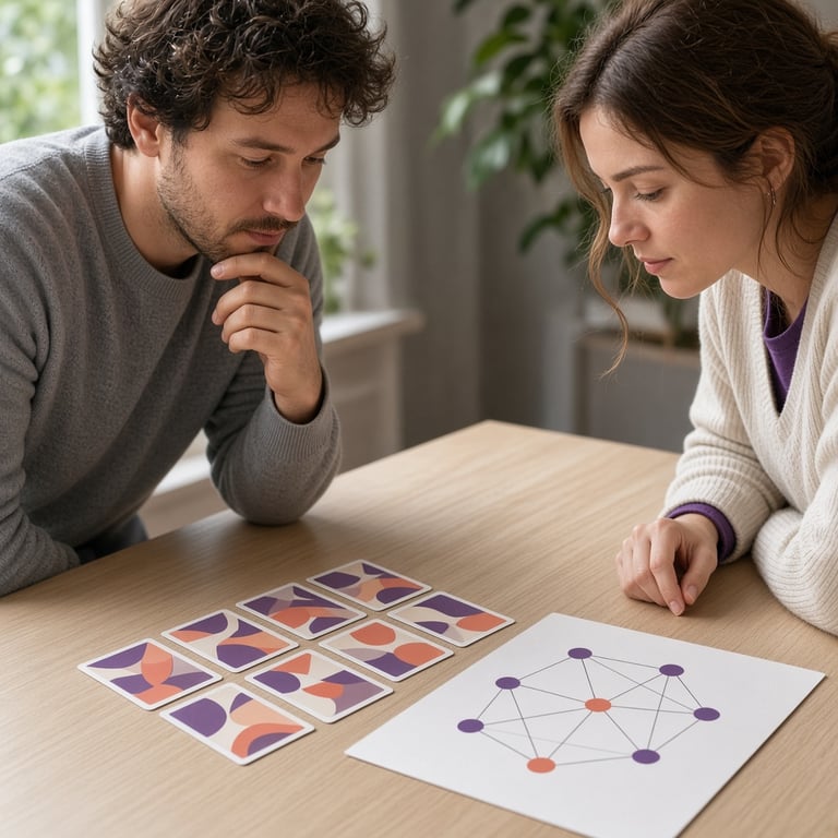 Twee spelers analyseren een openliggende hand met kaarten, fiches en een helder tactisch schema