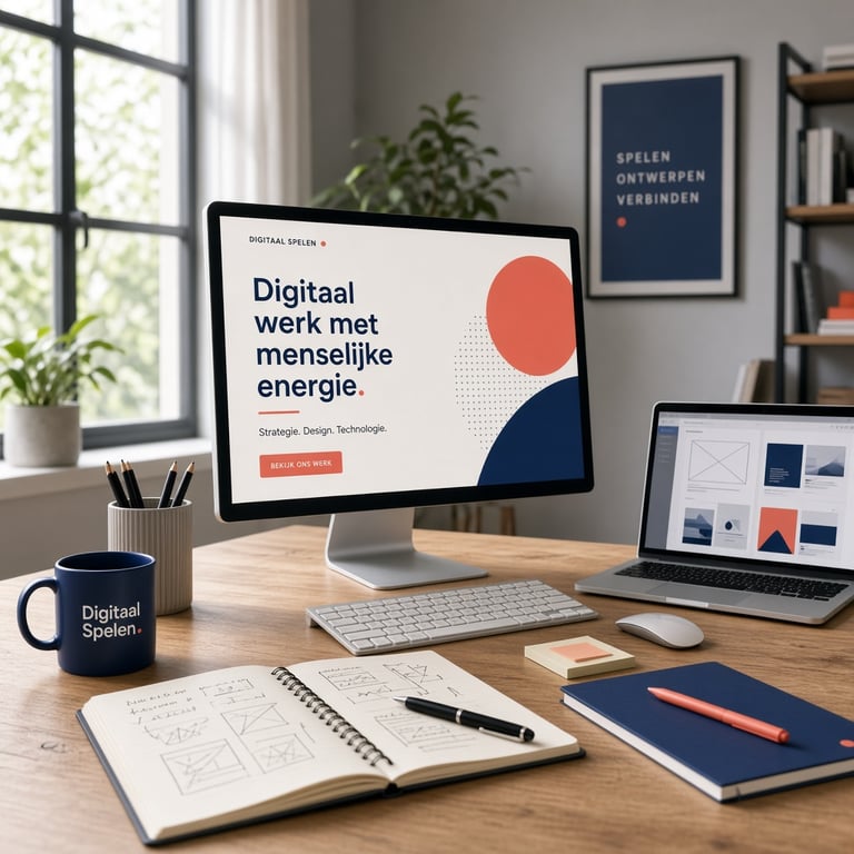 Creatieve studio van een digitaal team met schermen en notitieblokken