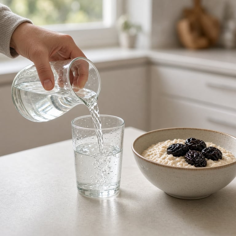 Glass med vann, havregryn og svisker på et lyst kjøkkenbord som illustrerer naturlige råd mot forstoppelse