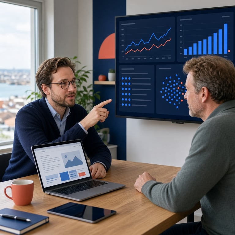 Strategische digitale marketingbespreking voor een Zeeuws bedrijf met website-analyses op schermen