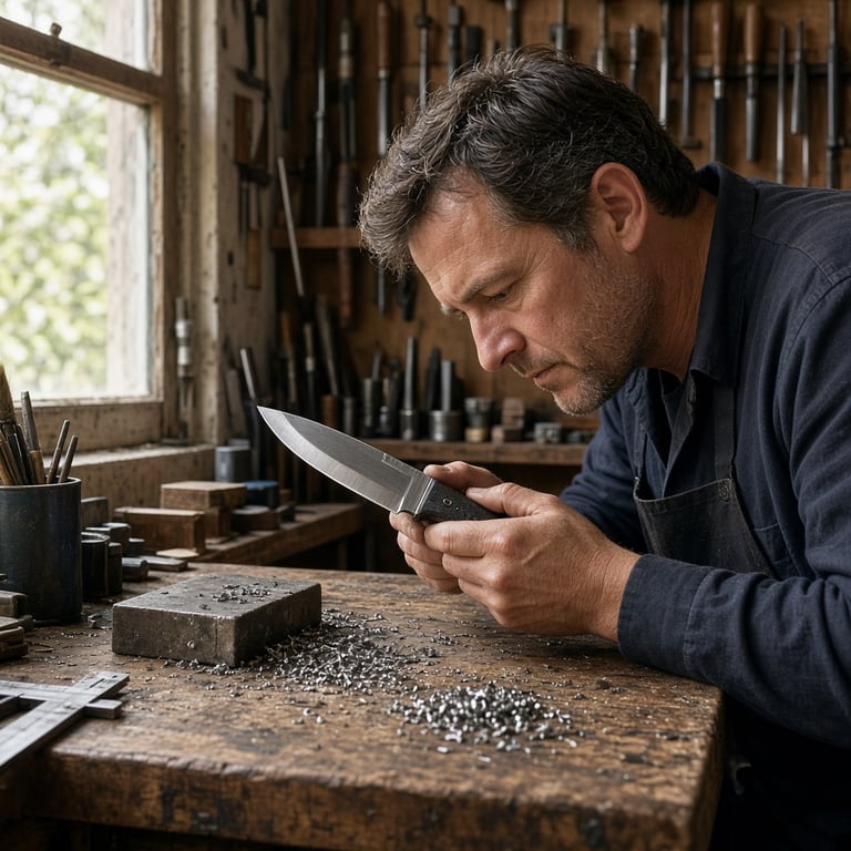 A craftsperson inspecting a knife grind in a workshop