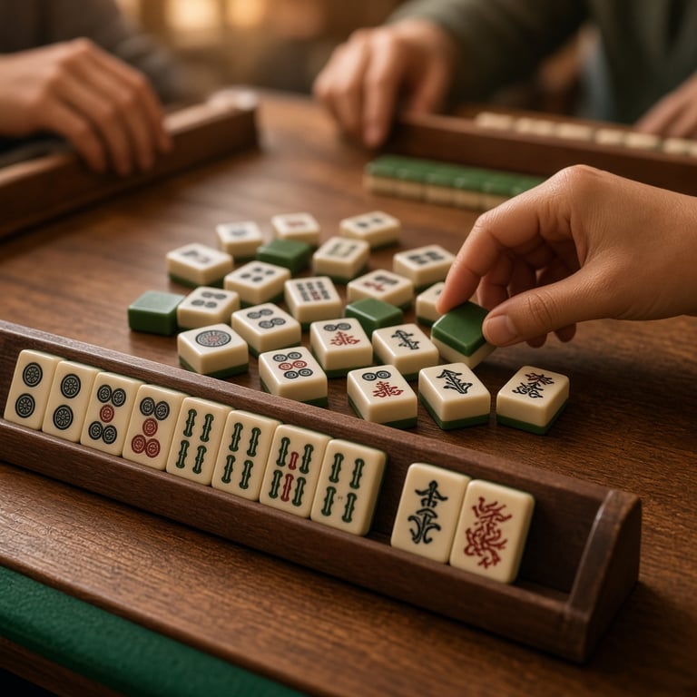 Mahjongstenen op een houten tafel naast speelrekken en een scoreblok