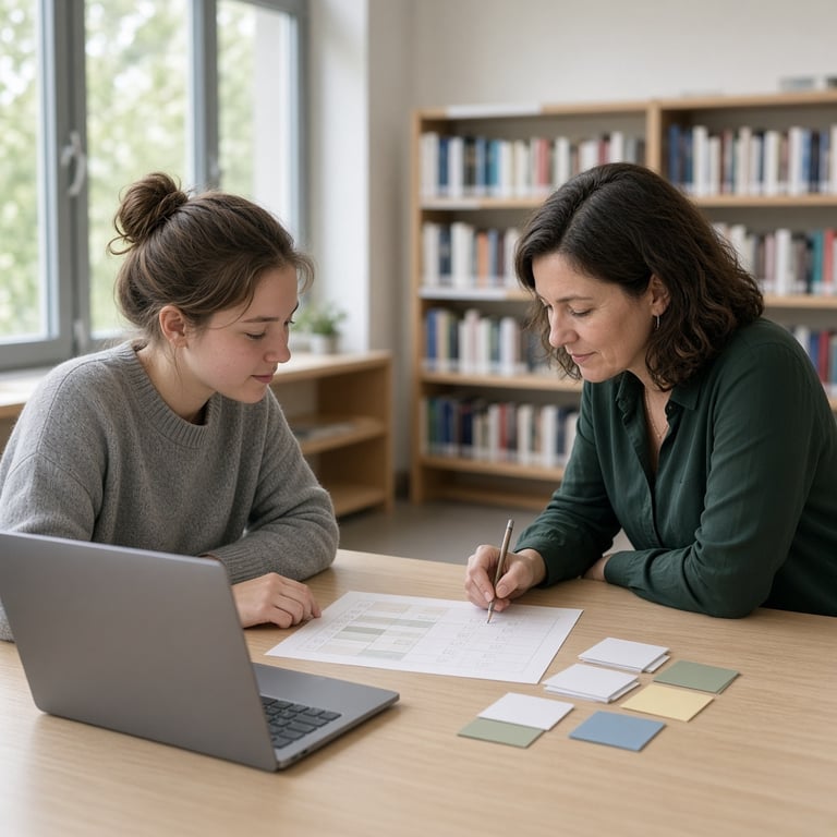 Student en begeleider bespreken dagelijkse vaardigheden aan een tafel met een overzichtelijk oefenschema