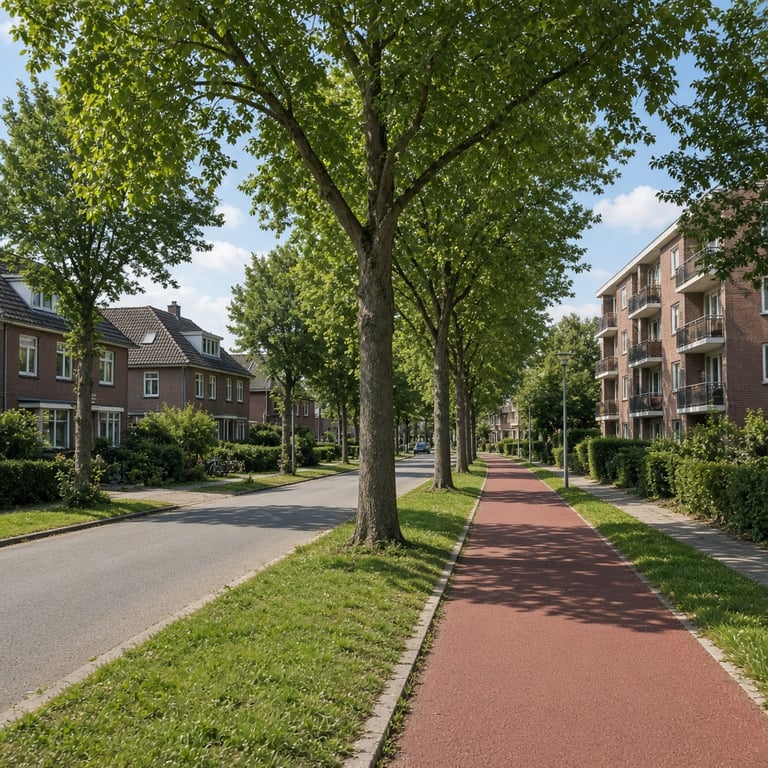 Rustige woonstraat in Apeldoorn met bomen, fietspad en lokale woningen