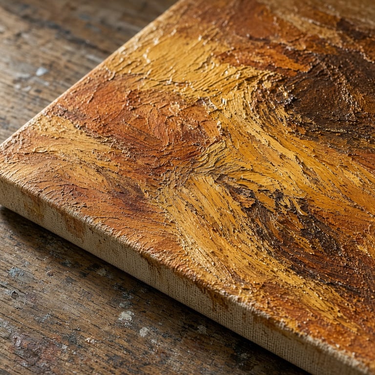 Close-up van een origineel schilderij met aardse verflagen op een houten ateliertafel