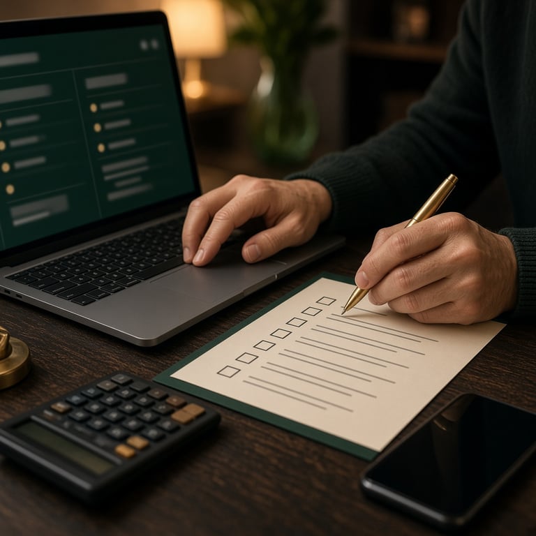 Australian player reviewing casino bonus terms on a laptop beside a calculator and phone
