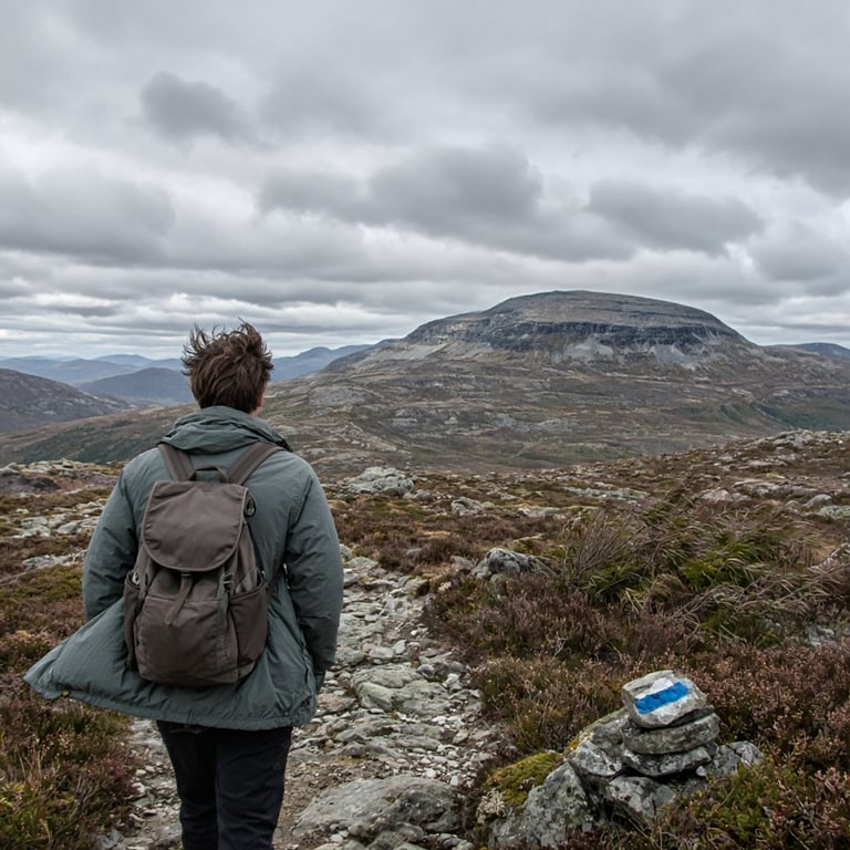 Turgåer med vindjakke ved en merket fjellsti nær Tempelseter