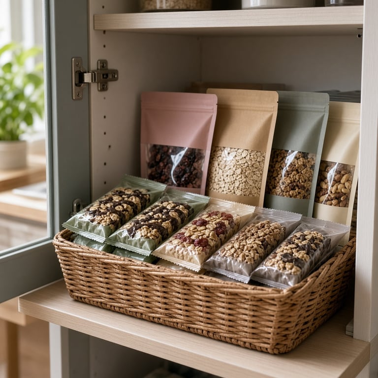 Een Nederlandse voorraadkast met een open mand voor snacks en ontbijtproducten op ooghoogte
