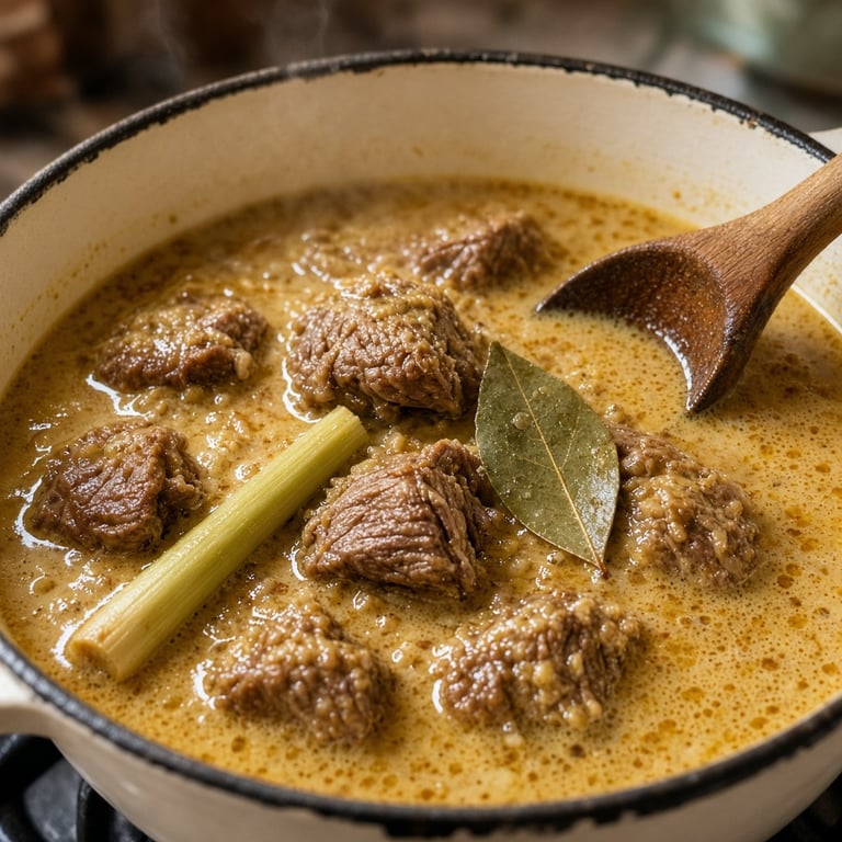Indonesische rendang met kokosmelk en boemboe in een zware stoofpan