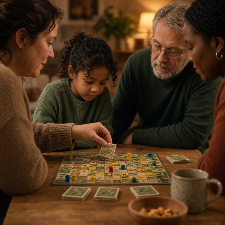 Spelers kiezen samen kaarten en spelonderdelen tijdens een gezellige spellenavond
