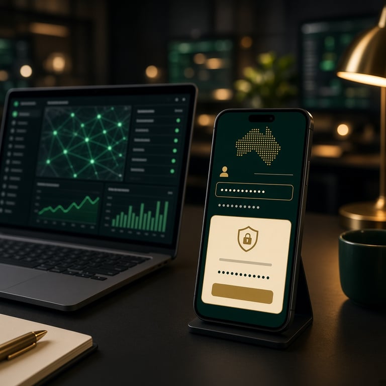 A security operations desk displaying an Australian wagering app login and multi-factor authentication prompt