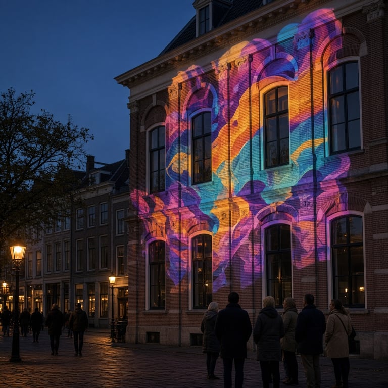 Bezoekers lopen langs lichtkunst in de binnenstad van Apeldoorn tijdens een cultureel evenement