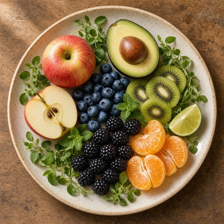 A colourful bowl of whole and sliced fruit including apples, berries, kiwi and citrus