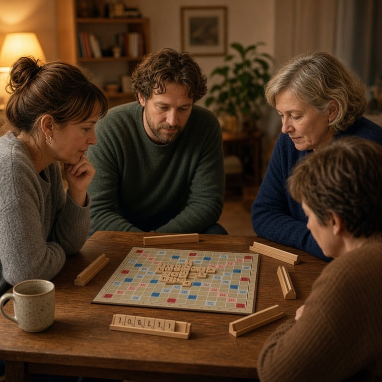 Spelers zoeken samen naar een sterke lettercombinatie op het Scrabblebord