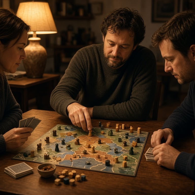 Volwassen spelers overleggen rond een tafel met een strategisch bordspel en kleurrijke spelonderdelen