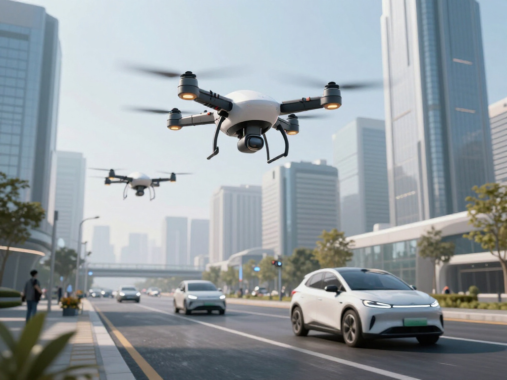 A futuristic cityscape with drones and self-driving cars