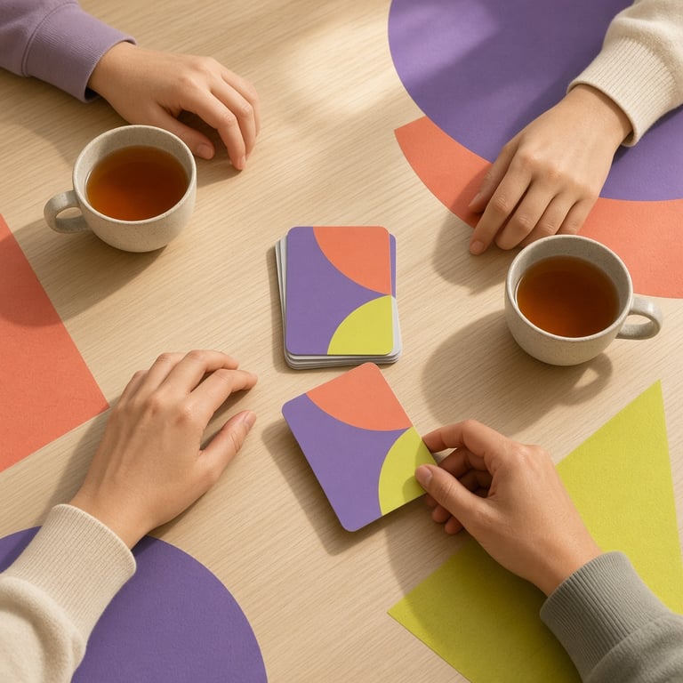 Een kleurrijke stapel gesprekskaarten naast twee koppen thee aan een lichte tafel