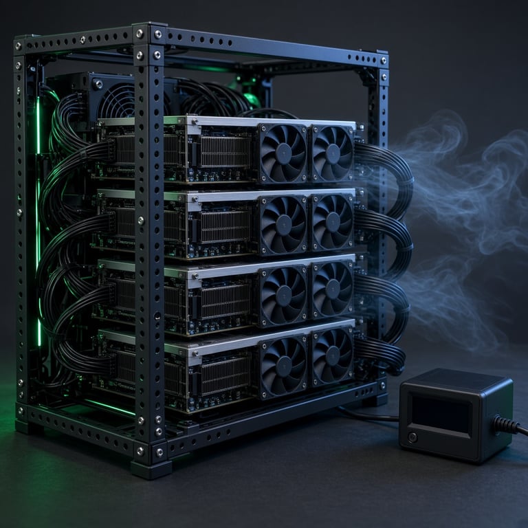 Open mining rig with several graphics cards and measured power cables