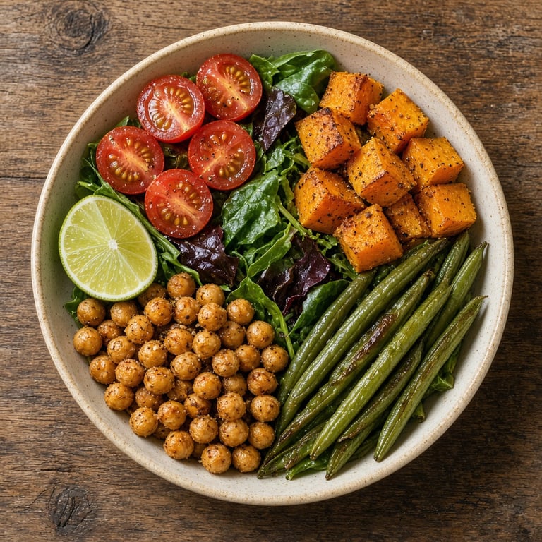 A colourful bowl of tomato, pumpkin, green beans, and chickpeas prepared for a quick weeknight meal