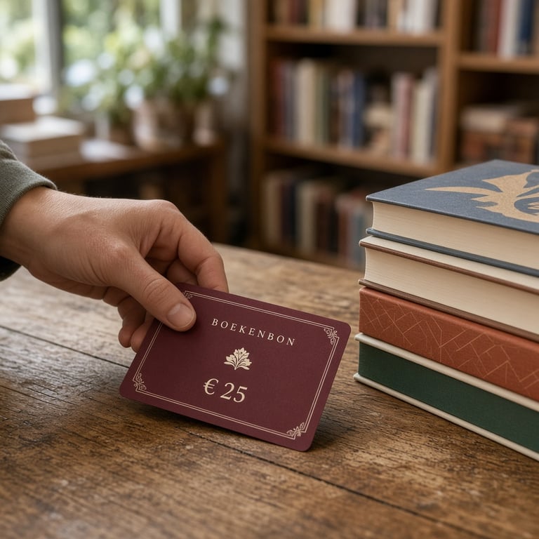 Een boekenbon naast een stapel zorgvuldig uitgekozen boeken op de toonbank van een Nederlandse boekhandel