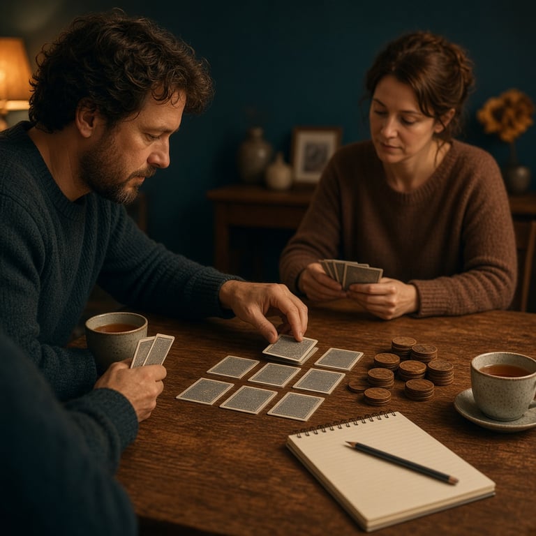 Een overzichtelijke spelavond met fiches, kaarten en aantekeningen naast een kop thee