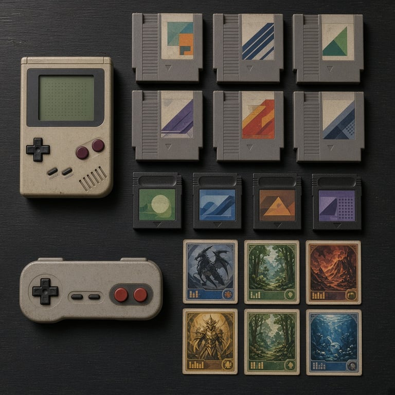 Handheld console, gamecartridges en een zorgvuldig gesorteerde retrocollectie op een tafel