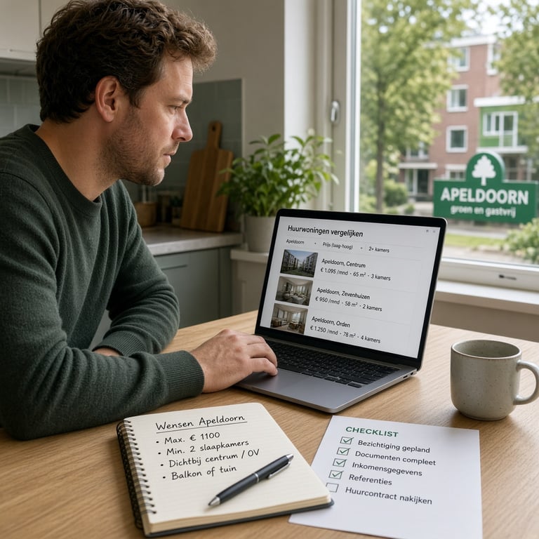 Straatbeeld met huurwoningen en groen in Apeldoorn