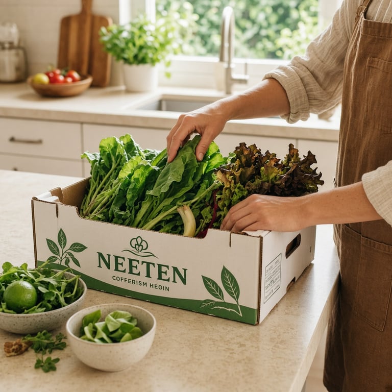 A bright kitchen bench with a fresh Australian produce box, leafy greens, limes and everyday grocery essentials ready to unpack