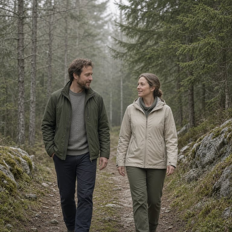 To partnere på en rolig gåtur, med god avstand og åpen samtale i nordisk natur