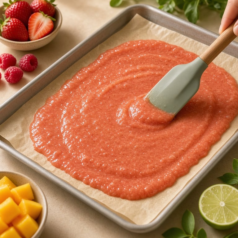 Homemade fruit roll ups cut into colourful strips beside fresh berries and a parchment-lined baking tray