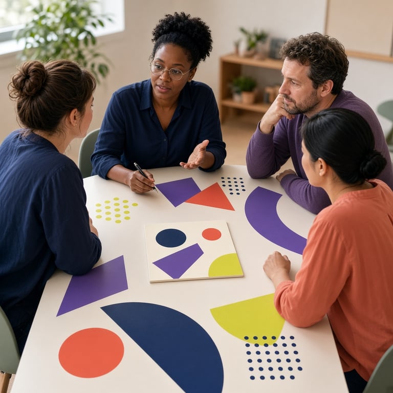 Groep deelnemers bespreekt een kaart met een tactische pijlenillustratie en notitieblokken, moderne editorial stijl