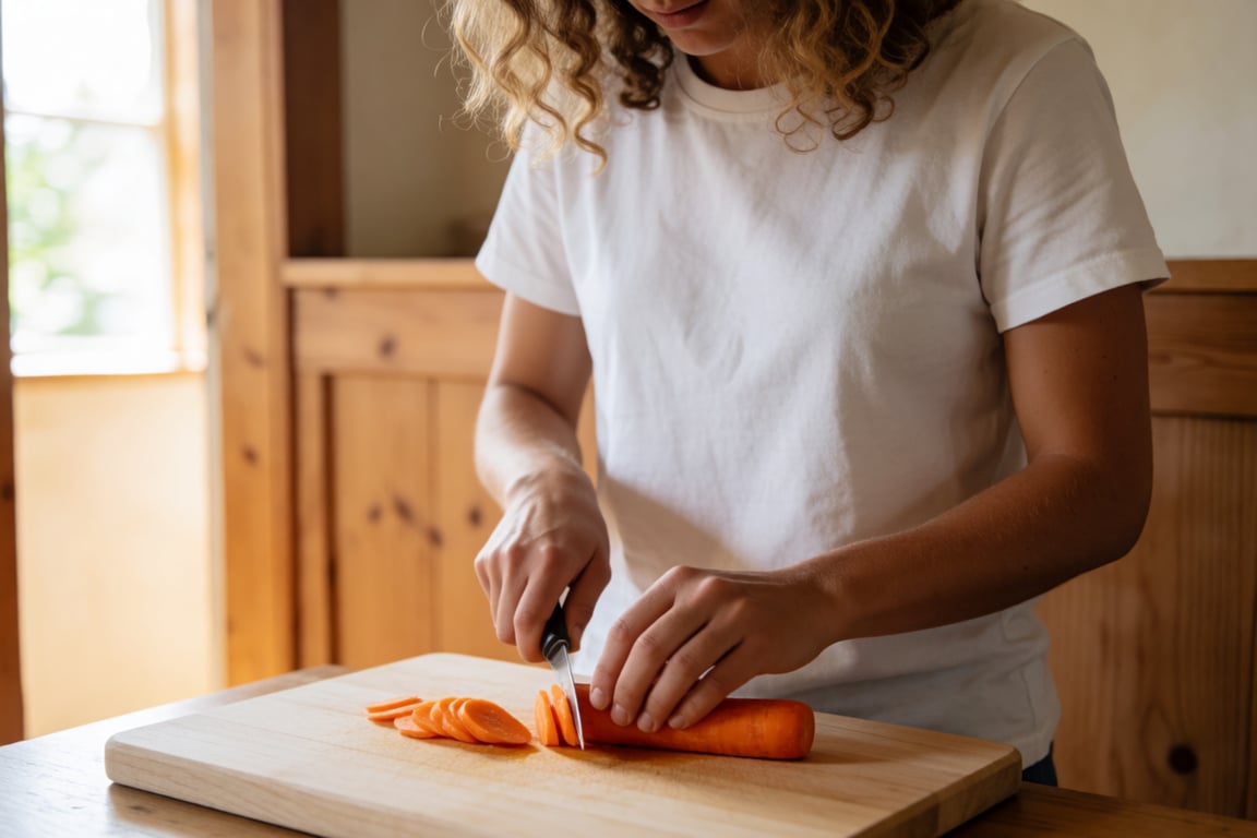 A bright Australian kitchen bench with a fresh vegetable box being unpacked beside a shopping list and reusable produce bags