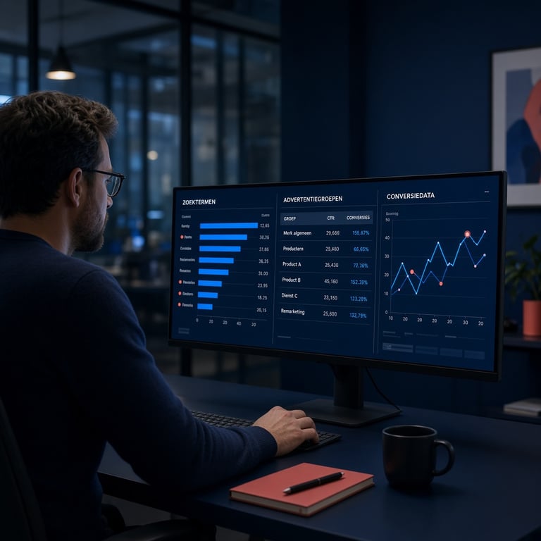 Marketingstrateeg analyseert zoektermen, advertentiegroepen en conversiedata op een groot scherm