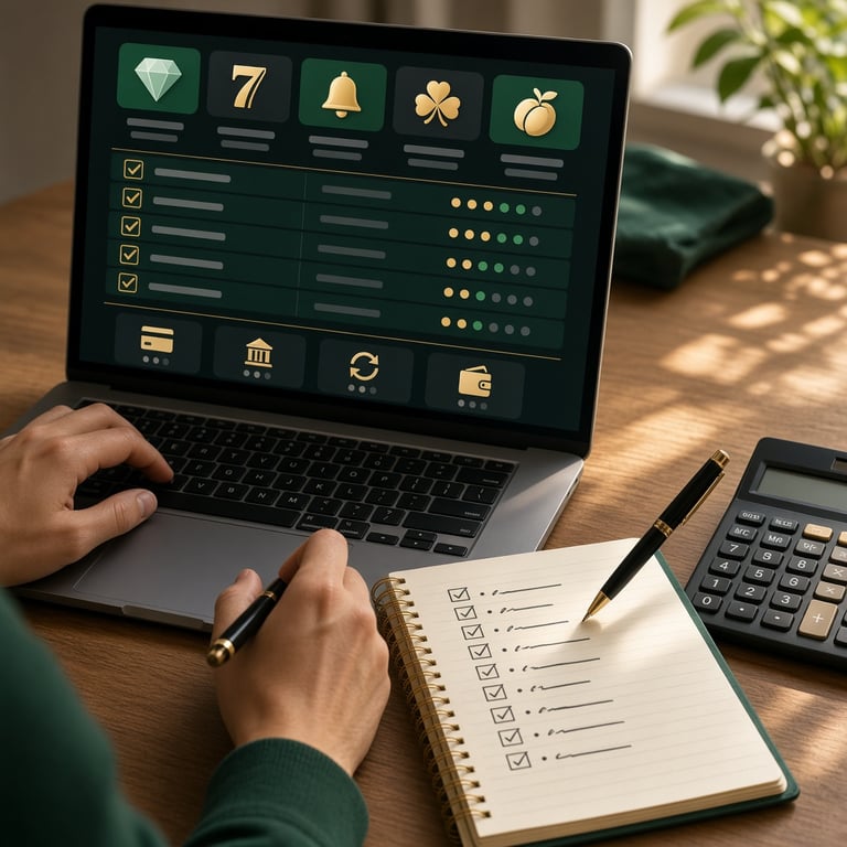 Desktop view of an online pokies comparison checklist beside a notebook and calculator