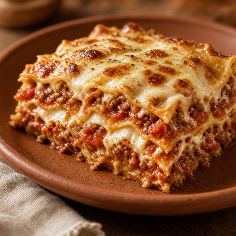 Lasagne bolognese met goudbruine kaaslaag in een ovenschaal