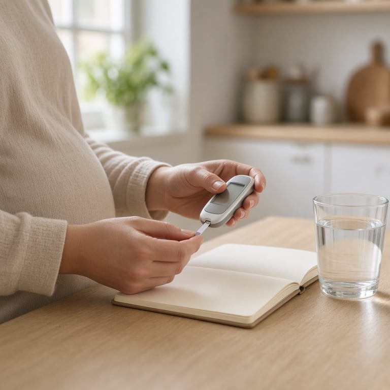 Gravid person måler blodsukker ved kjøkkenbordet med notatbok og måleutstyr