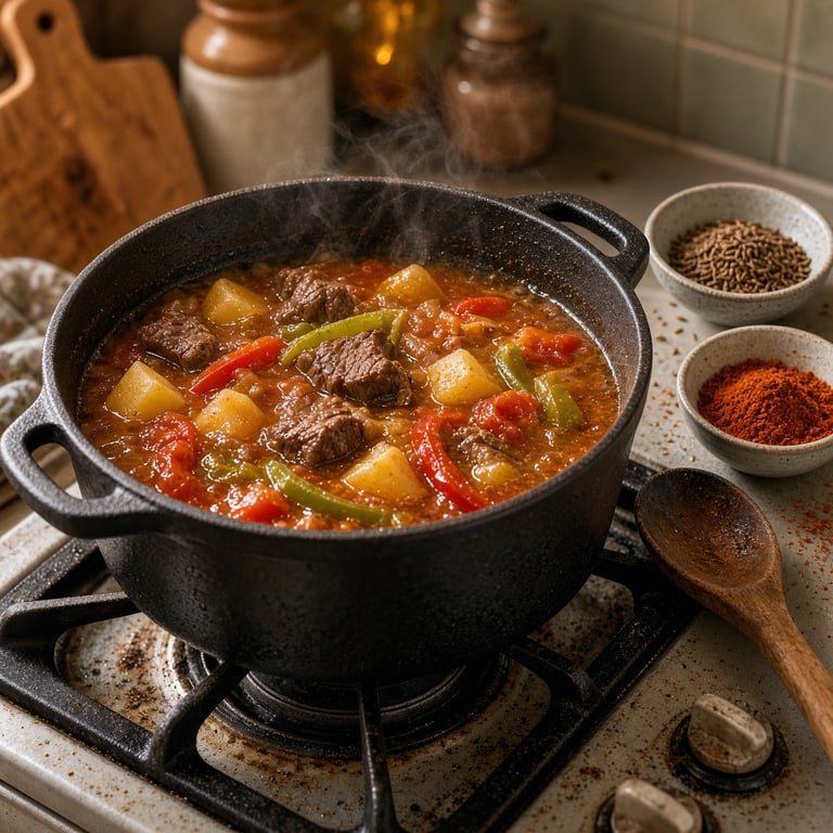 Vers gemaakte Hongaarse goulash met rundvlees, paprika en aardappelen in een gietijzeren stoofpan