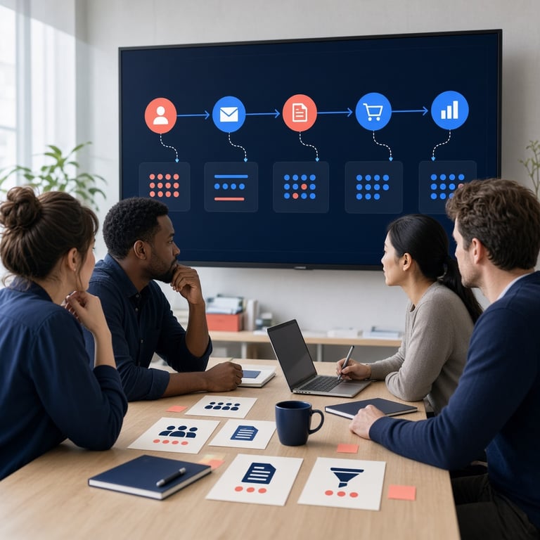 B2B-marketingteam dat een digitale klantreis op een groot scherm analyseert