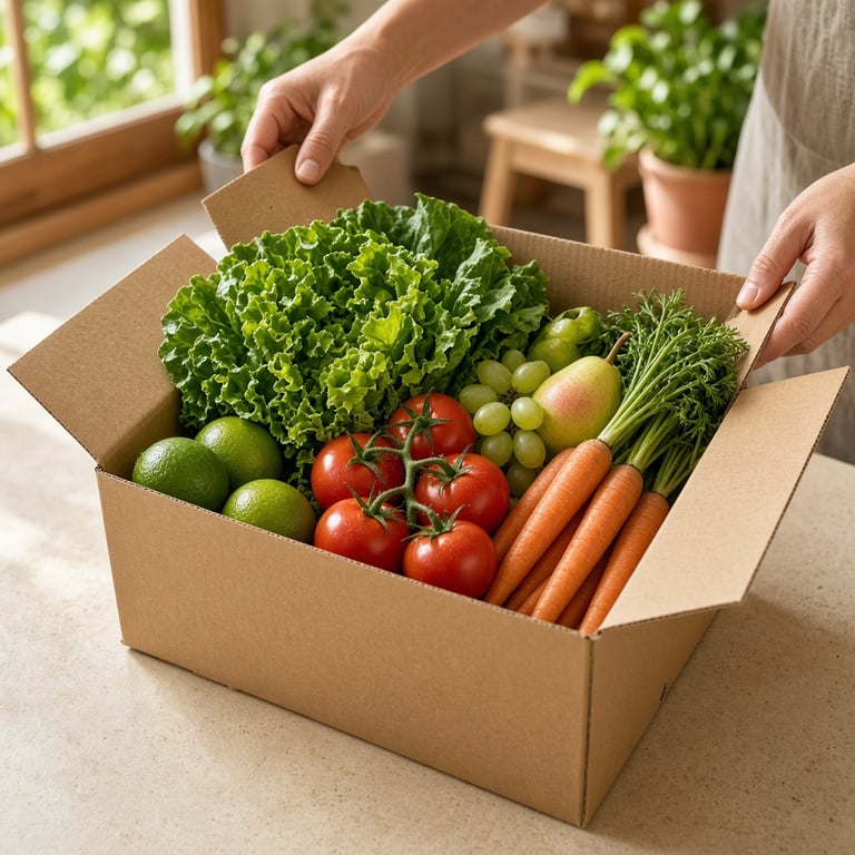 A bright produce box with leafy greens, limes, tomatoes, and seasonal fruit on a warm kitchen bench