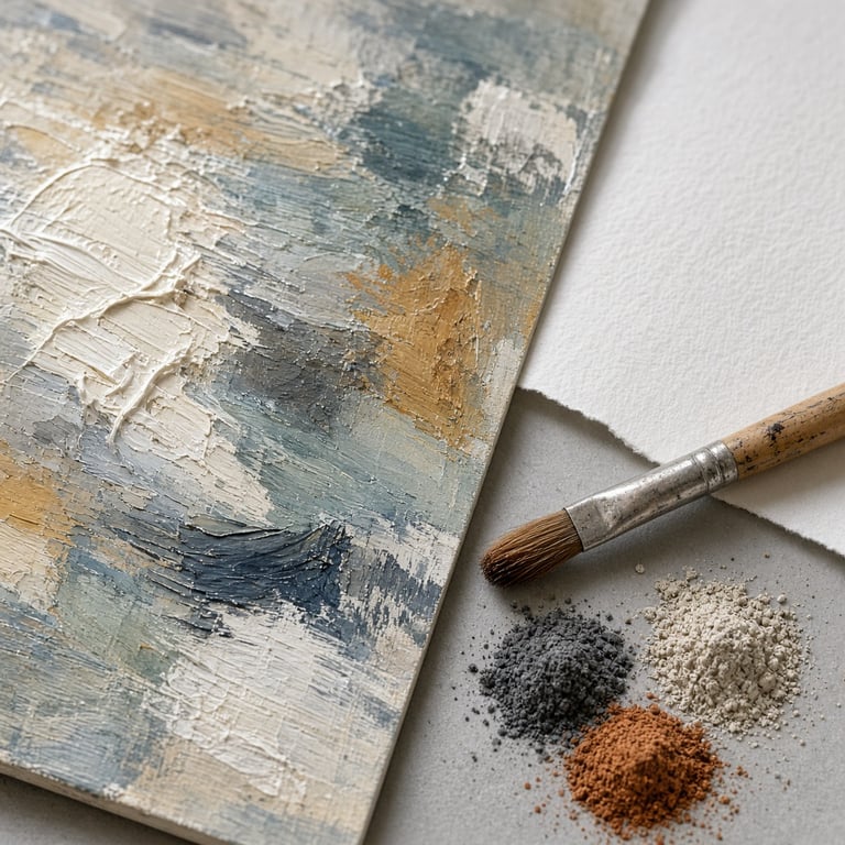 Detail van verflagen en penseelstreken op een hedendaags schilderij naast papier en pigmenten