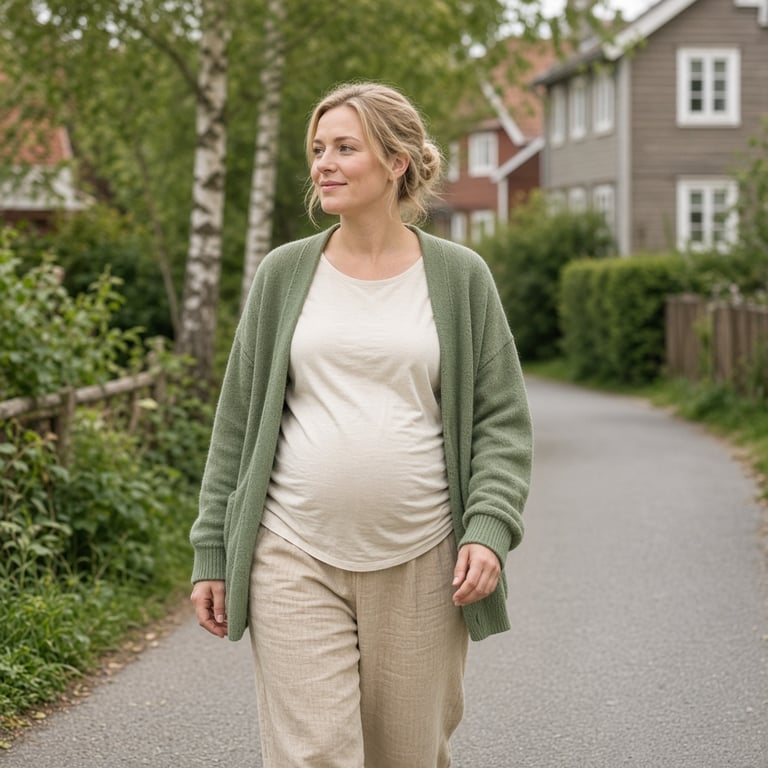 Gravid kvinne på rolig gåtur i et grønt boligområde etter et måltid
