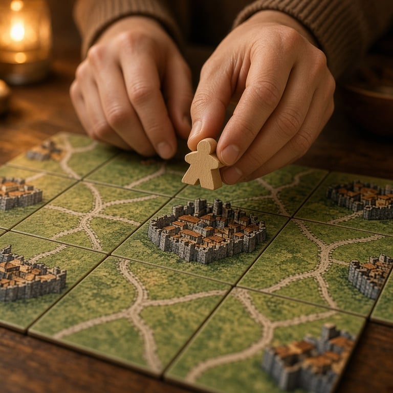 Een warm verlicht Carcassonne-landschap met tegels, houten horigen en een nog onafgebouwde stad op tafel