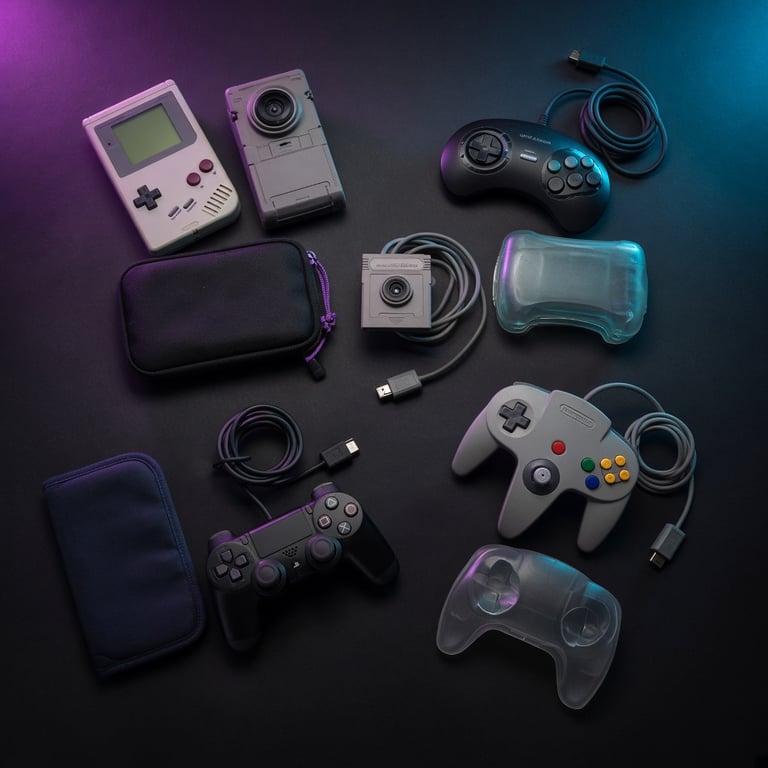 Een verzameling retro controllers en accessoires gesorteerd per console op een donkere speeltafel