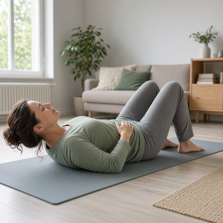 Persoon oefent rustig de bekkenbodem op een yogamat in een lichte woonkamer