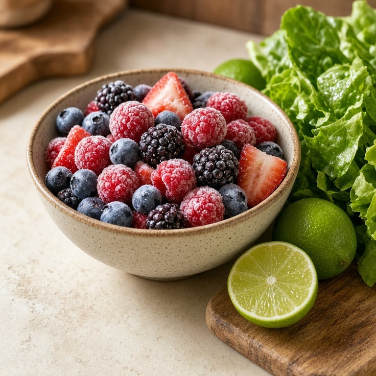 Bowl of colourful frozen berries beside fresh lime and leafy greens on a warm kitchen bench
