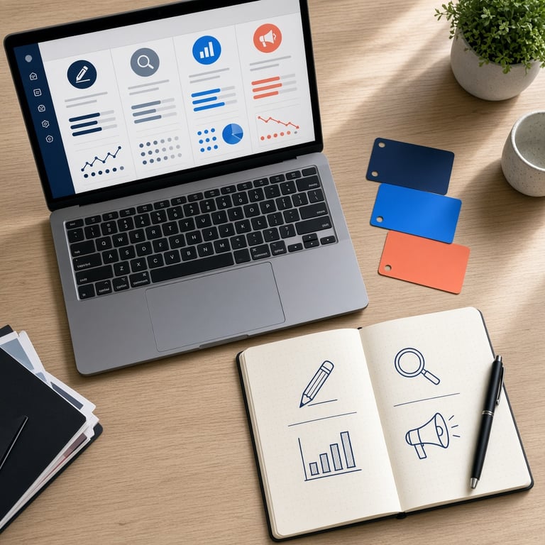Marketeer vergelijkt verschillende digitale marketingfuncties op een laptop naast een notitieboek met vaardigheden