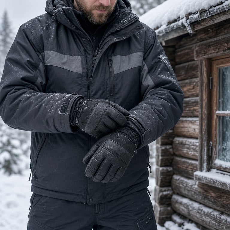 Herre i vindtett snøscooterjakke og bukse ved en snødekt fjellhytte