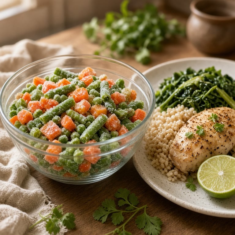 A bowl of colourful plain frozen vegetables beside a simple weeknight meal