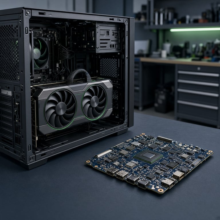 A desktop graphics card installed beside a compact integrated graphics laptop motherboard