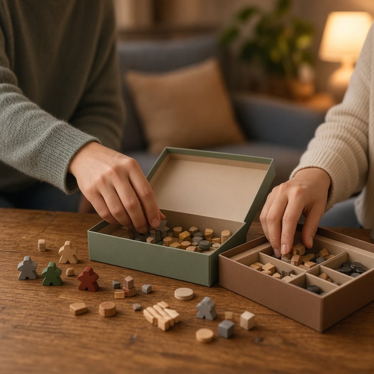 Twee spelers kiezen samen een bordspel aan een warme tafel met speelstukken en kaarten